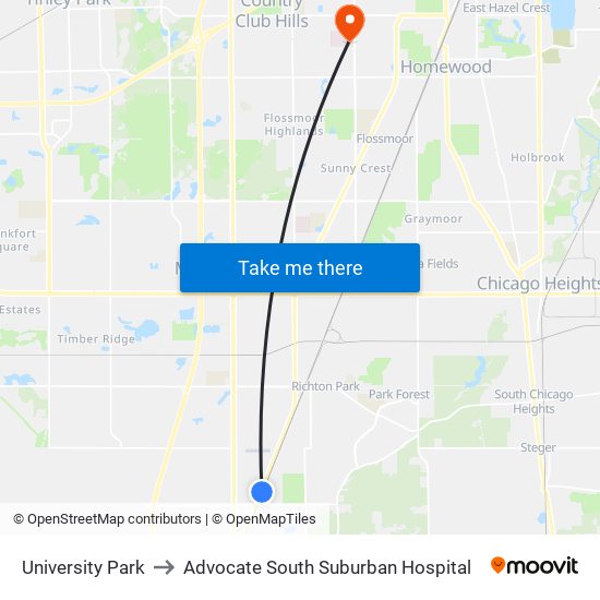 University Park to Advocate South Suburban Hospital map