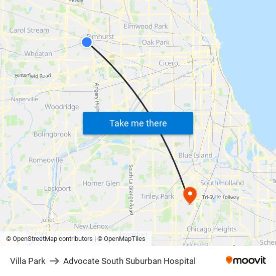 Villa Park to Advocate South Suburban Hospital map