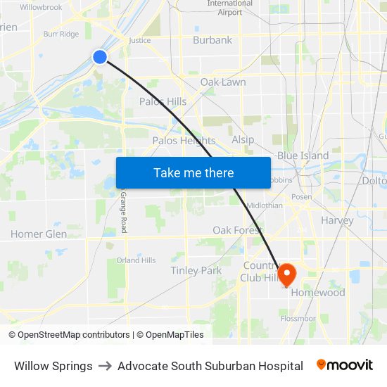 Willow Springs to Advocate South Suburban Hospital map