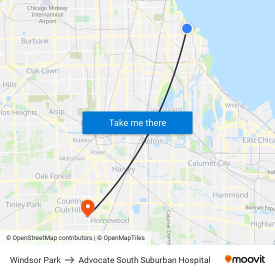 Windsor Park to Advocate South Suburban Hospital map
