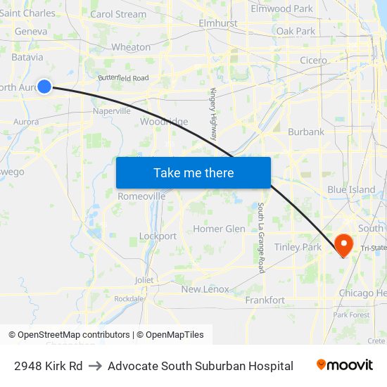 2948 Kirk Rd to Advocate South Suburban Hospital map