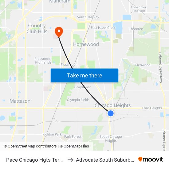 Pace Chicago Hgts Terminal Bay 3 to Advocate South Suburban Hospital map