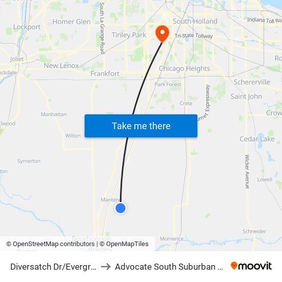 Diversatch Dr/Evergreen St to Advocate South Suburban Hospital map