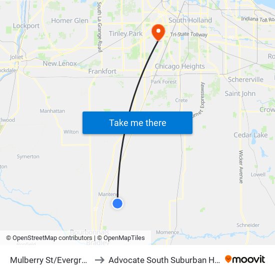 Mulberry St/Evergreen St to Advocate South Suburban Hospital map