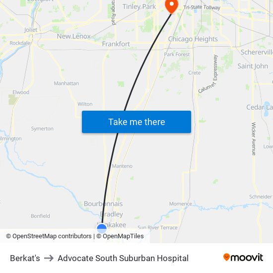 Berkat's to Advocate South Suburban Hospital map