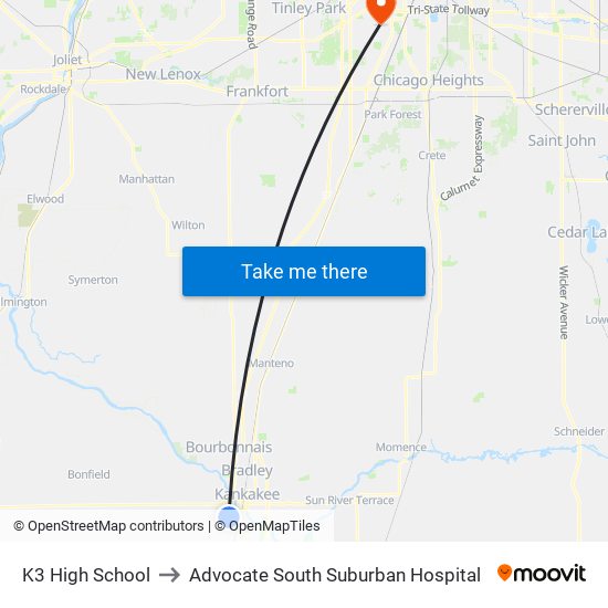 K3 High School to Advocate South Suburban Hospital map