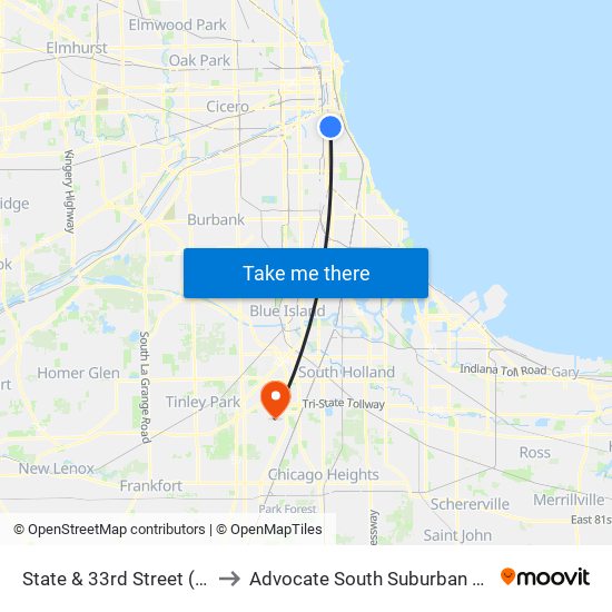 State & 33rd Street (South) to Advocate South Suburban Hospital map