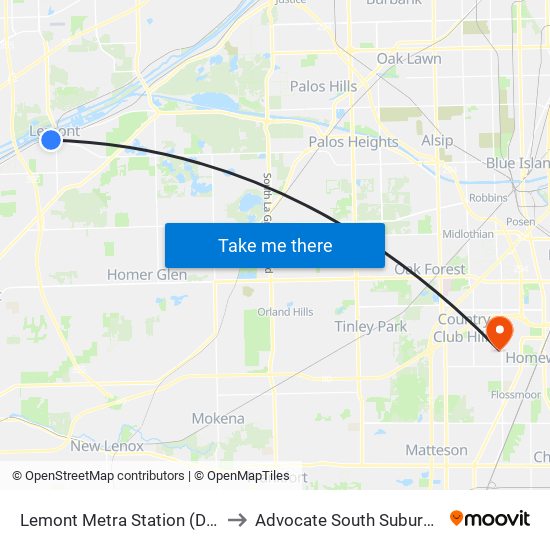 Lemont Metra Station (Drop Off Only) to Advocate South Suburban Hospital map