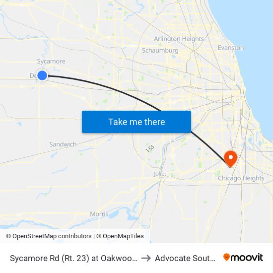 Sycamore Rd (Rt. 23) at Oakwood Ave (Hopkins Park) - Sb Stop #633 to Advocate South Suburban Hospital map