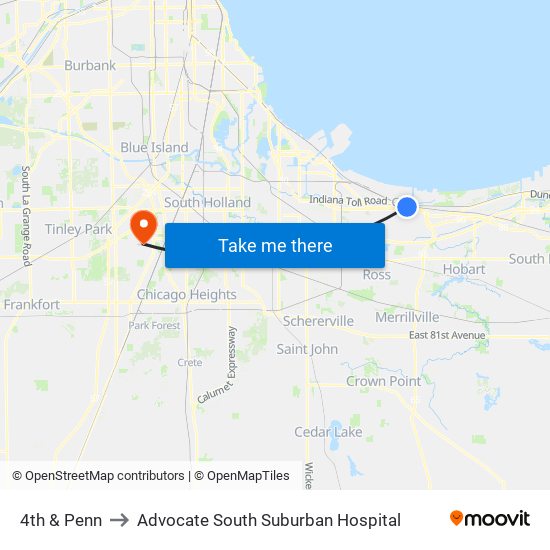 4th & Penn to Advocate South Suburban Hospital map