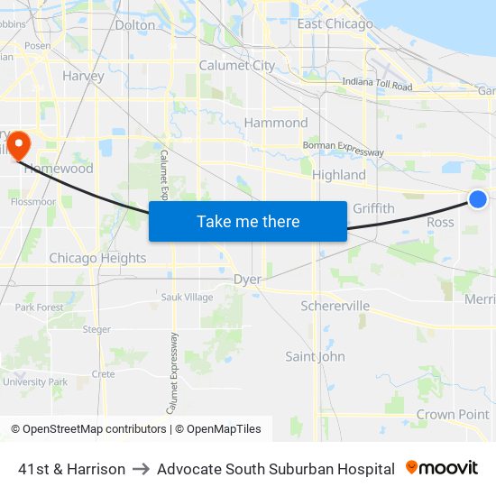 41st & Harrison to Advocate South Suburban Hospital map