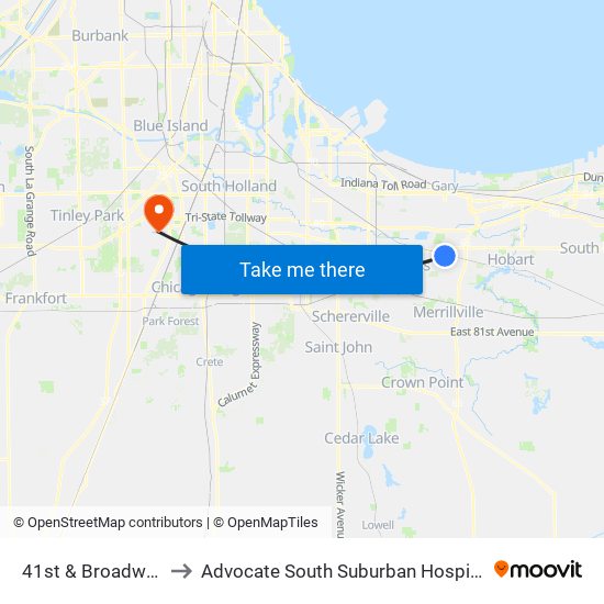 41st & Broadway to Advocate South Suburban Hospital map