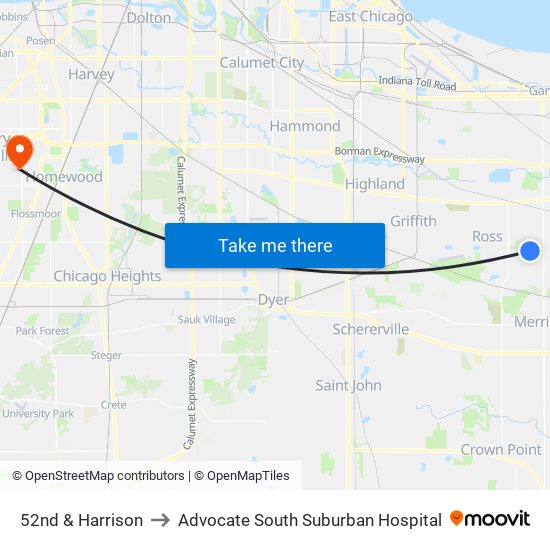 52nd & Harrison to Advocate South Suburban Hospital map