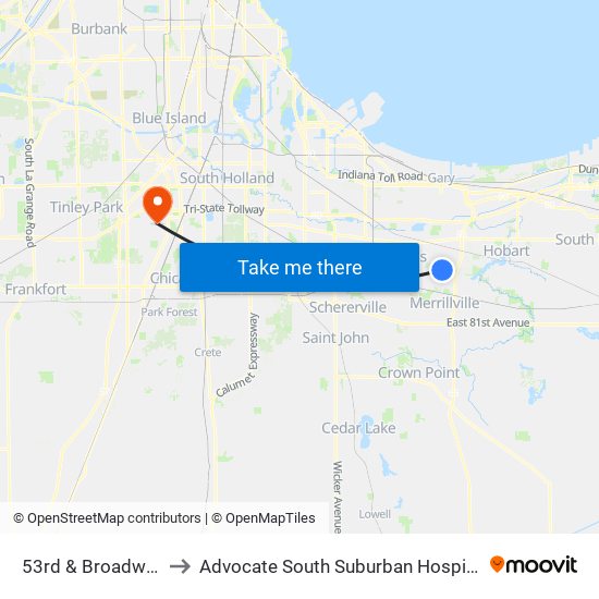 53rd & Broadway to Advocate South Suburban Hospital map
