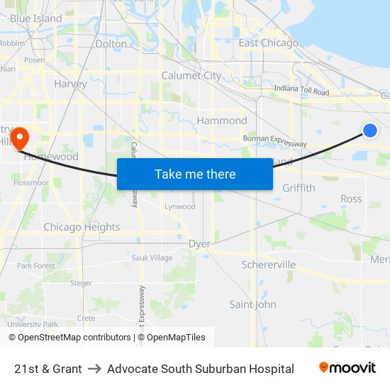 21st & Grant to Advocate South Suburban Hospital map