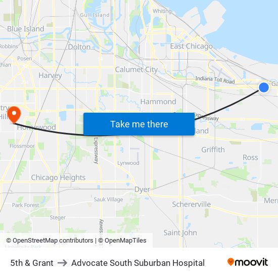 5th & Grant to Advocate South Suburban Hospital map