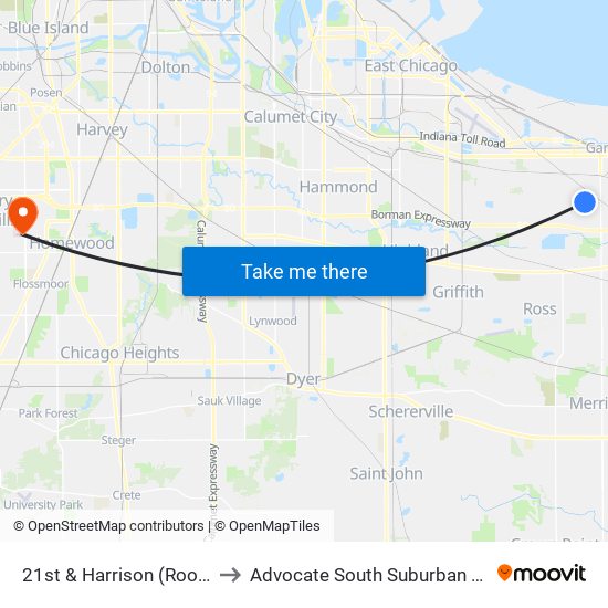 21st & Harrison (Roosevelt) to Advocate South Suburban Hospital map