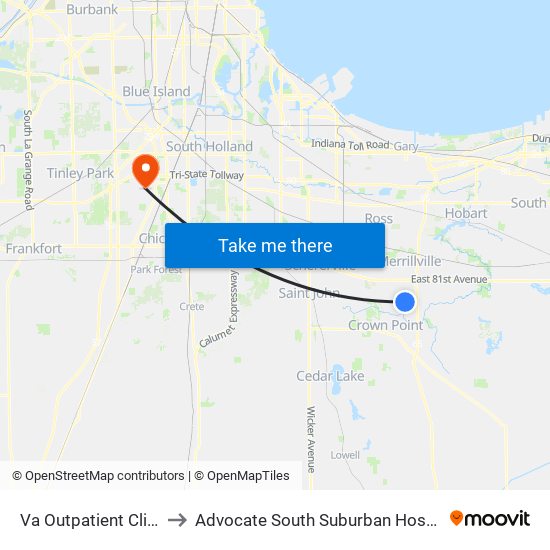 Va Outpatient Clinic to Advocate South Suburban Hospital map