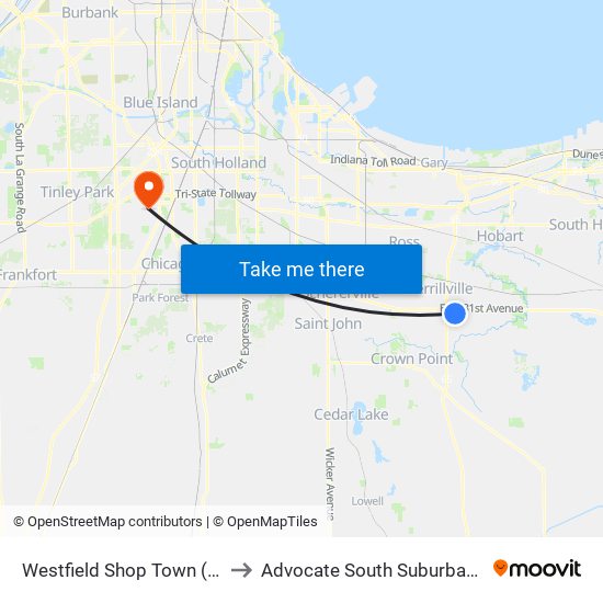 Westfield Shop Town (Carsons) to Advocate South Suburban Hospital map