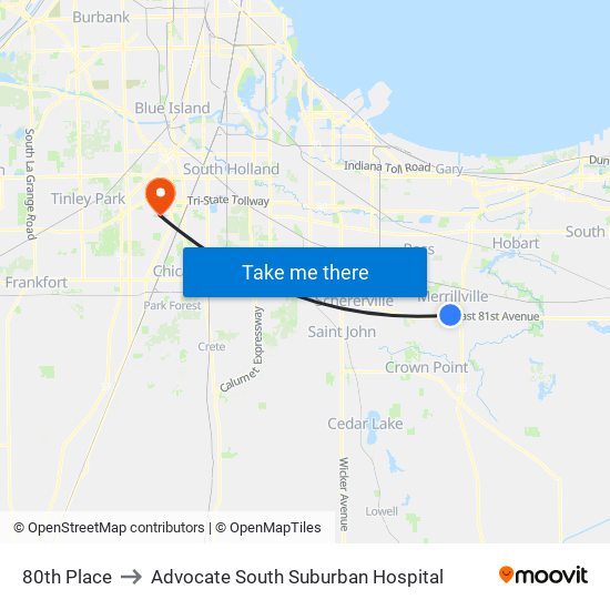 80th Place to Advocate South Suburban Hospital map