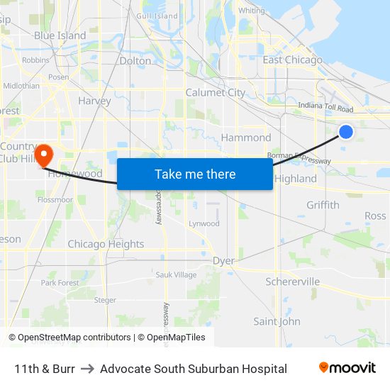 11th & Burr to Advocate South Suburban Hospital map