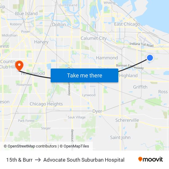 15th & Burr to Advocate South Suburban Hospital map