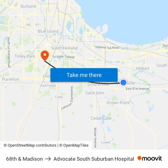 68th & Madison to Advocate South Suburban Hospital map