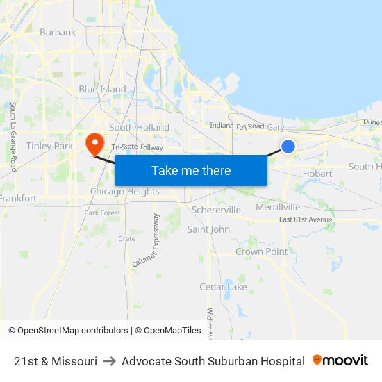 21st & Missouri to Advocate South Suburban Hospital map