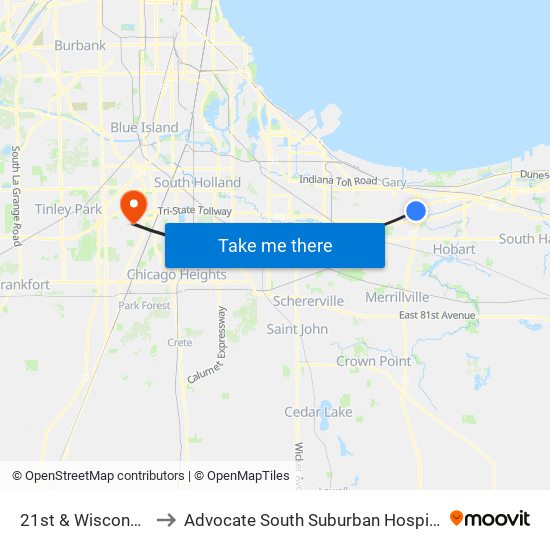 21st & Wisconsin to Advocate South Suburban Hospital map