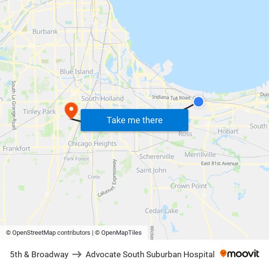 5th & Broadway to Advocate South Suburban Hospital map
