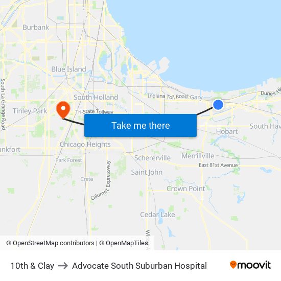 10th & Clay to Advocate South Suburban Hospital map
