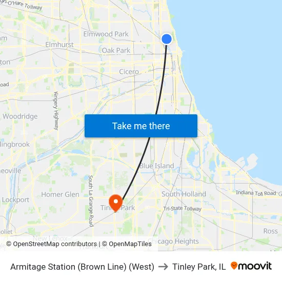 Armitage Station (Brown Line) (West) to Tinley Park, IL map