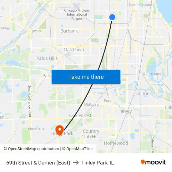 69th Street & Damen (East) to Tinley Park, IL map