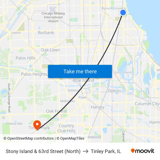 Stony Island & 63rd Street (North) to Tinley Park, IL map