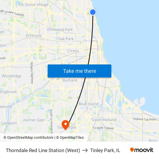 Thorndale Red Line Station (West) to Tinley Park, IL map