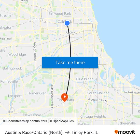 Austin & Race/Ontario (North) to Tinley Park, IL map
