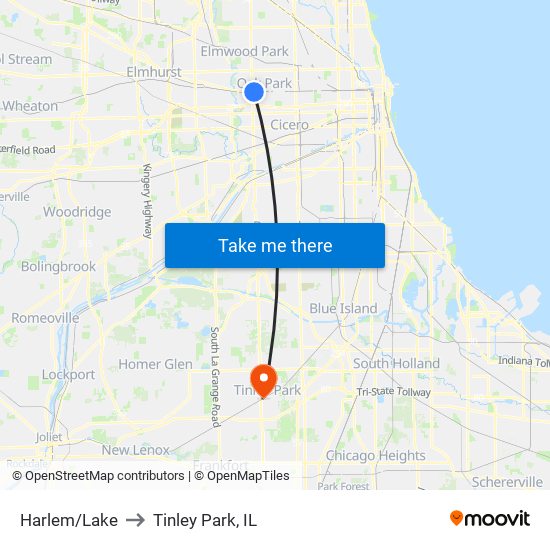 Harlem/Lake to Tinley Park, IL map