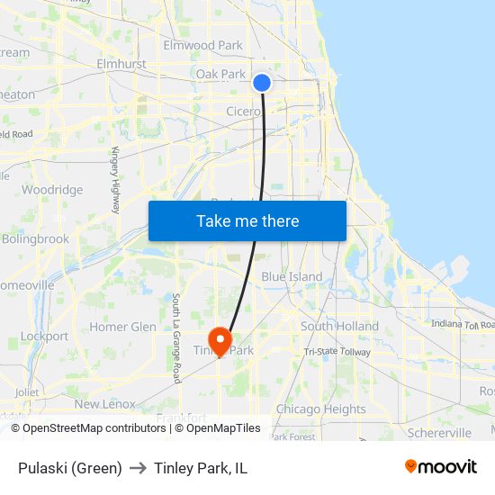 Pulaski (Green) to Tinley Park, IL map