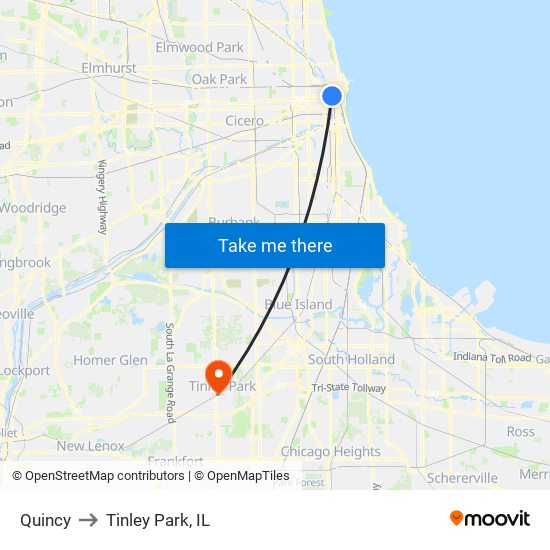 Quincy to Tinley Park, IL map