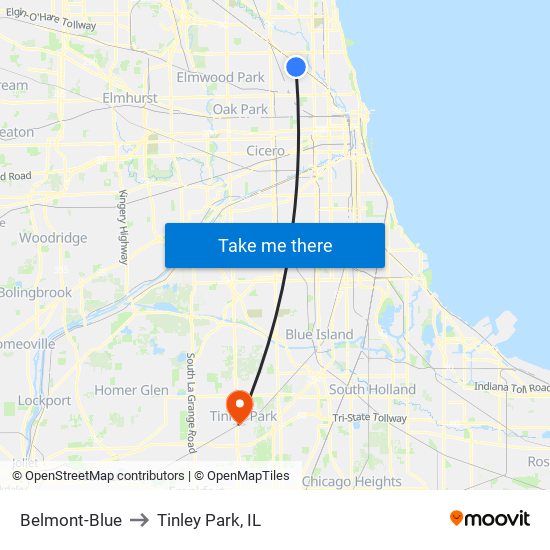 Belmont-Blue to Tinley Park, IL map