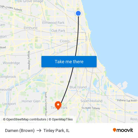 Damen (Brown) to Tinley Park, IL map