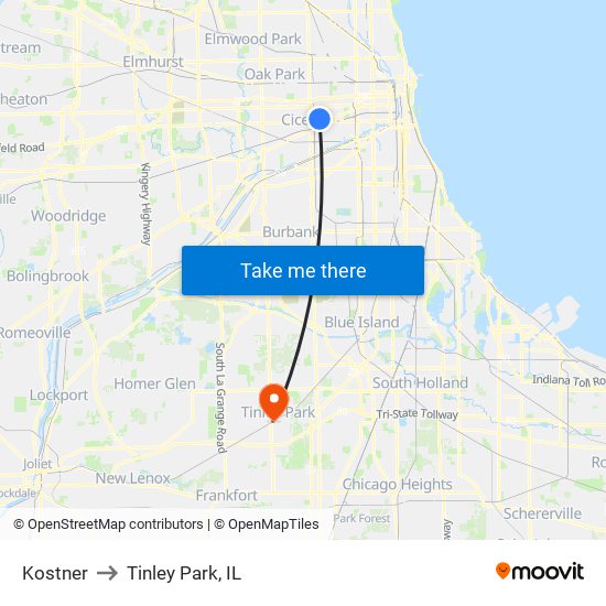 Kostner to Tinley Park, IL map