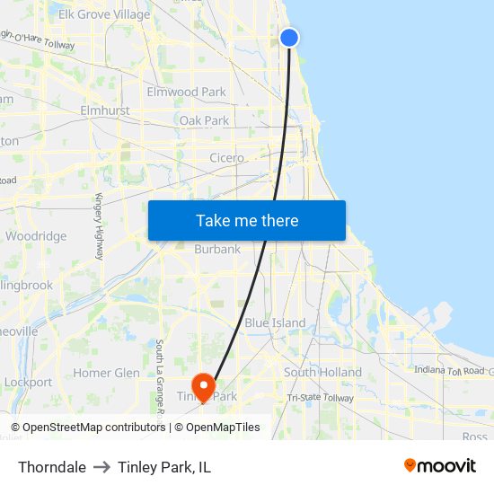 Thorndale to Tinley Park, IL map