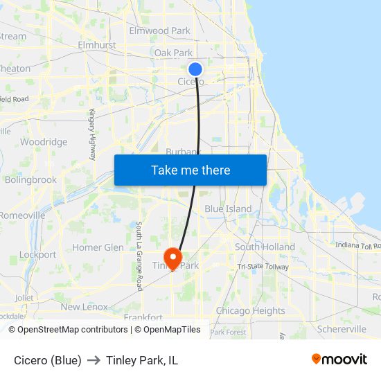 Cicero (Blue) to Tinley Park, IL map