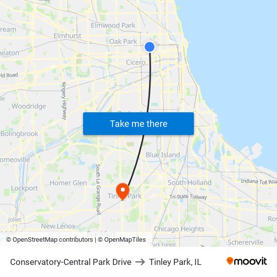 Conservatory-Central Park Drive to Tinley Park, IL map