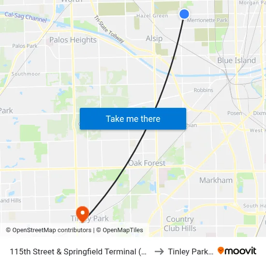 115th Street & Springfield Terminal (South) to Tinley Park, IL map