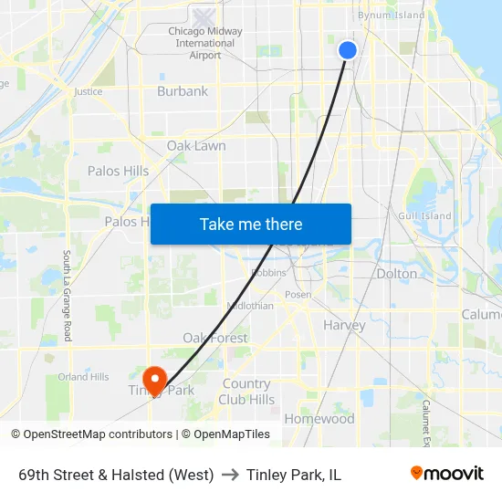 69th Street & Halsted (West) to Tinley Park, IL map
