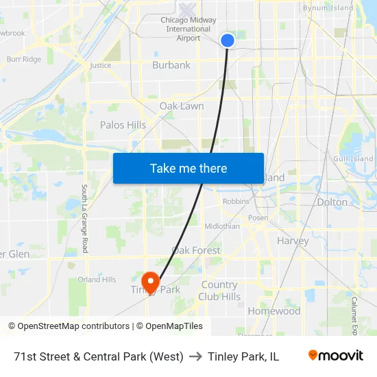 71st Street & Central Park (West) to Tinley Park, IL map