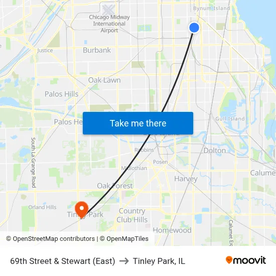 69th Street & Stewart (East) to Tinley Park, IL map