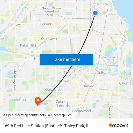 69th Red Line Station (East) to Tinley Park, IL map